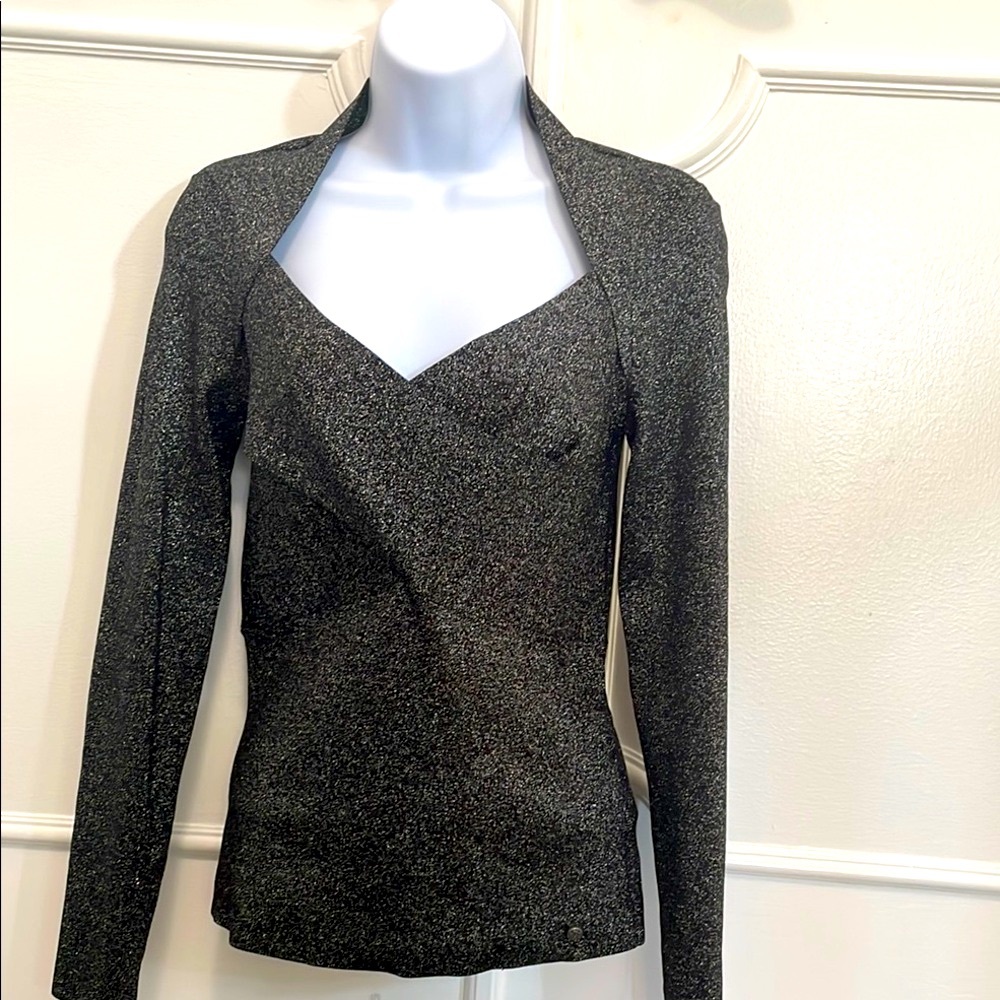 Ted Baker Womens Black Silver Metallic Eloisy Luxury Crossover Top Size 2